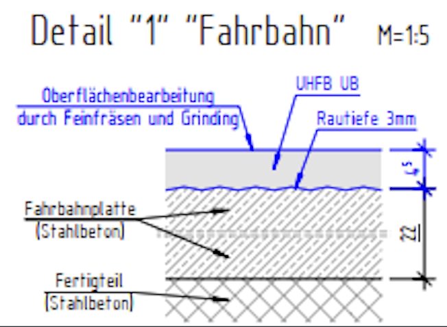 UHFB-Pilotprojekt Marburg – Detail „1“ Fahrbahn mit UHFB-Schicht auf der Fahrbahnplatte